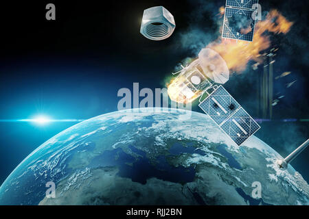 Sat kollidiert mit Space Junk Stockfoto