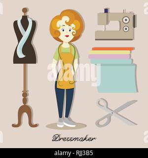 Anpassen oder schneiderin Designer atelier Frau in Kleid Schneiderei Salon Stock Vektor