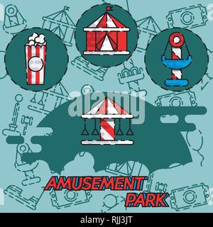 Amusement Park Flat Symbole mit Attraktionen set isoliert Vector Illustration Stock Vektor