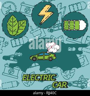 Elektroauto flachbild Infografik Konzept. Elektroauto auf der Ladestation. Vektor Elektroauto Infografik mit Symbolen. Stock Vektor