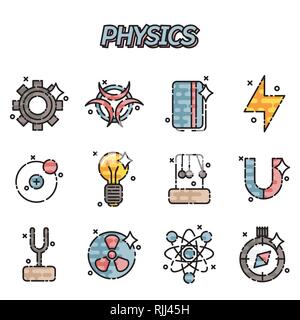 Physik flachbild Symbole gesetzt. Messtechnik, Instrumentierung und Elemente Stock Vektor