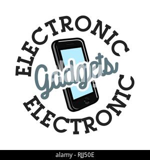 Farbe vintage elektronische Gadgets Emblem. Vector Illustration, EPS 10. Stock Vektor