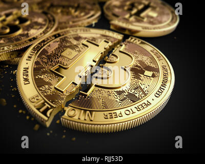 Nahaufnahme auf gebrochene oder gerissene Bitcoin Münzen Festlegung auf schwarzem Hintergrund. Bitcoin crash Konzept. 3D-Rendering Stockfoto