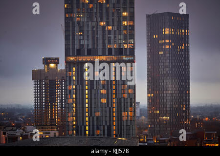 Blick von 125 Deansgate, Deansgate zu Beetham Tower, Renaker Deansgate quadratische Türme, und die großen nördlichen Lager Stockfoto