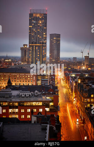 Blick von 125 Deansgate Suchen auf Spinningfileds moderne Büro Entwicklungen mit 20 Geschichten Stockfoto