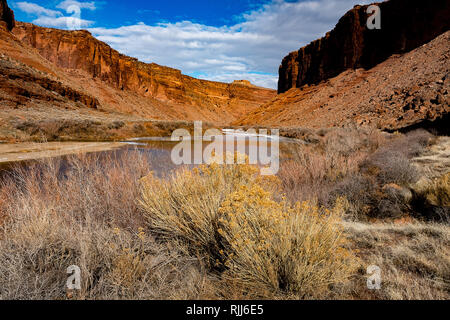 Januar 2019: Der Colorado River schlängelt sich entlang der Utah Highway 128 und bietet eine reizvolle Fahrt in den roten Sandstein Canyons in der Nähe von Moab, Utah. Stockfoto