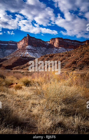 Januar 2019: Der Colorado River schlängelt sich entlang der Utah Highway 128 bietet eine landschaftlich reizvolle Fahrt in den roten Sandstein Canyons in der Nähe von Moab, Utah. Stockfoto