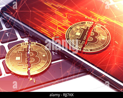 Zwei gebrochene Golden bitcoin Münzen zur Festlegung. Cryptocurrencies Preis absinkt. 3D-Rendering Stockfoto