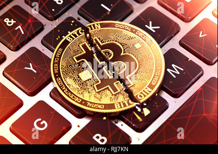 Nahaufnahme der Bitcoin in zwei Stücke auf der Tastatur aufgeteilt. Cryptocurrencies für Kriminalität Konzept verwendet. 3D-Rendering Stockfoto