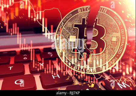 Nahaufnahme der Bitcoin in zwei Stücke auf der Tastatur aufgeteilt. Bitcoin Börse Preis lote Konzept. 3D-Rendering Stockfoto