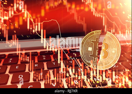 Bitcoin aufgeteilt in zwei Stücke auf dem Keyboard. Bitcoin Börse Preis lote Konzept. 3D-Rendering Stockfoto