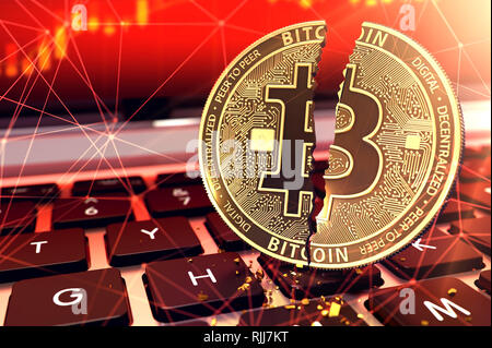 Bitcoin aufgeteilt in zwei Stücke auf dem Keyboard. Betrug und Lösegelder mit cryptocurrencies Konzept verpflichtet. 3D-Rendering Stockfoto