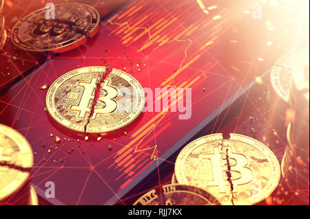 Gebrochene bitcoin in zwei Stücke auf einer roten Karten, die auf dem Bildschirm angezeigt werden. Niedrige Erträge von cryptocurrencies Konzept. 3D-Rendering Stockfoto