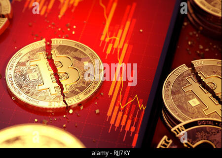 Nahaufnahme der gebrochenen Bitcoin aufgeteilt in zwei Stücke auf einem Bildschirm des Smartphones mit der Börse Diagramm in roter Farbe. 3D-Rendering Stockfoto