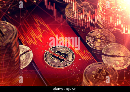 Der Bildschirm des Smartphones mit der Börse Diagramm in rote Farbe und gebrochene Bitcoin Verlegung an der Spitze. Niedrige Erträge von cryptocurrencies Konzept. 3D-rend Stockfoto