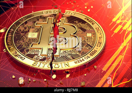 Gebrochene bitcoin in zwei Stücke auf einem Bildschirm teilen. Der Bildschirm ist rot dargestellt. Bitcoin Rückgang Konzept. 3D-Rendering Stockfoto