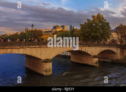 Blick auf die Seine und die Brücke von der Pont de l'Archeveche oder Erzbischof's Bridge, berühmt für Liebe Schlösser in der Nähe der Notre Dame Kathedrale in Stockfoto