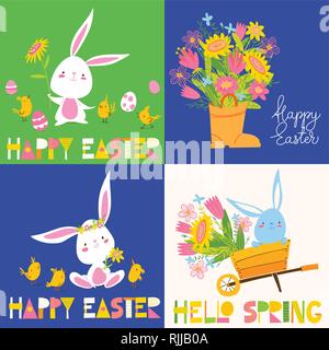 Satz 4 Vektor Ostern Frühling Arts mit Kaninchen, Blumen und Beschriftung Stock Vektor