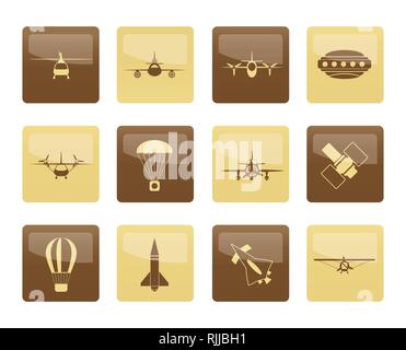 Verschiedene Flugzeugtypen Illustrationen und Symbole über braunen Hintergrund - Vektor Icon Set 2 Stock Vektor