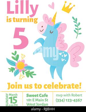 Cute Vector Geburtstag invitaition mit lustigen Einhorn Stock Vektor