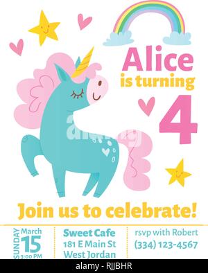 Cute Vector Geburtstag invitaition mit niedlichen Einhorn Stock Vektor