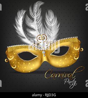 Golden verzierte Maske mit Federn Vektor realistisch. Stilvolle Maskerade Partei. Mardi Gras Karte Einladung. Nacht Party Poster. Tanz Flyer. Musikalische Stock Vektor