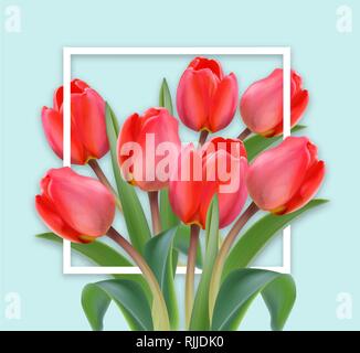 Happy Mother Day card Tulip blumen blumenstrauss Vektor realistisch. Helle blaue Farbe Hintergrund Stock Vektor