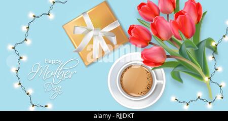 Happy Mother Day Card mit Lichtern Garland und Geschenkverpackung. Kaffee und Tulip blumen blumenstrauss Vektor realistisch. Helle blaue Farbe Hintergrund Stock Vektor