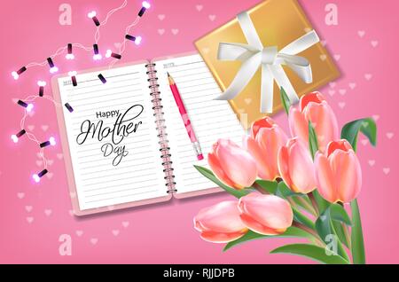 Muttertag Karte mit Tulpen blumenstrauß Vektor realistisch. Geschenke und Blumen auf rosa Hintergrund. Zarte holiday Poster. Frühjahr Sommer Card 3d Illu Stock Vektor