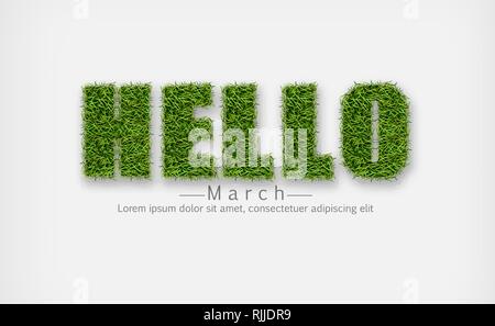 Hellos Anmelden grünes Gras Vektor realistisch. Hallo März Frühling Symbol Stock Vektor