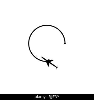 Flugzeug Travel Concept. Das Flugzeug vom Startpunkt und die ungebrochene Linie der Route fliegt in der Form auf einem weißen Hintergrund Stock Vektor