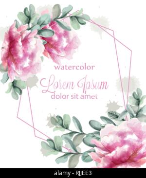 Rosa pfingstrose Blumen Rahmen Aquarell banner Vektor. Abstrakte floralen Bouquet Einladung. Hochzeit event Stock Vektor