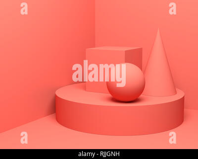 Abstrakte farbenfrohe Digital Still Life mit primitiven geometrische Formen stehen auf cillyndrical Podium. 3D-Render Abbildung Stockfoto