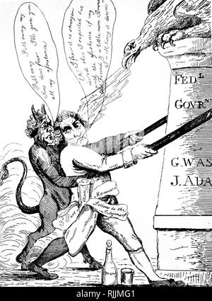 Eine Föderalistische cartoon Angriff auf Präsident Thomas Jefferson und seiner Regierung. Präsident Thomas Jefferson (1743-1826), ein amerikanischer Gründervater und dritten Präsidenten der Vereinigten Staaten. Vom 19. Jahrhundert Stockfoto