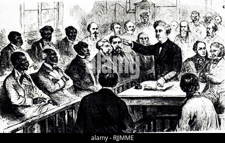 Ein kupferstich mit der Darstellung eines schwarzen und weißen Jury in einem Südlichen Gerichtssaal in 1867. Afrikanische Amerikaner könnte auch die Nachfrage ein Versuch in speziellen Armee Gerichte. Vom 19. Jahrhundert Stockfoto