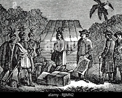 Ein Stich von William Penn, die den Native Americans. Sir William Penn (1644-1718) eine Englische, Immobilien Unternehmer, Philosoph, frühen Quäker, und Gründer der Englischen North American Colony der Provinz Pennsylvania. Vom 19. Jahrhundert Stockfoto