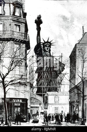 Eine Gravur, die den Bau der Freiheitsstatue von Frankreich, von der französischen Bildhauer Frédéric Auguste Bartholdi von Gustave Eiffel entworfen und gebaut. Die Statue wurde in Amerika am 28. Oktober 1886 eingeweiht. Vom 19. Jahrhundert Stockfoto