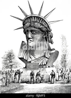 Kupferstich mit der Darstellung der Kopf der Freiheitsstatue Frankreich, entworfen vom französischen Bildhauer Frédéric Auguste Bartholdi. Die Statue wurde in Amerika am 28. Oktober 1886 eingeweiht. Vom 19. Jahrhundert Stockfoto