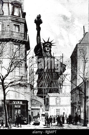 Eine Gravur, die den Bau der Freiheitsstatue von Frankreich, von der französischen Bildhauer Frédéric Auguste Bartholdi von Gustave Eiffel entworfen und gebaut. Die Statue wurde in Amerika am 28. Oktober 1886 eingeweiht. Vom 19. Jahrhundert Stockfoto