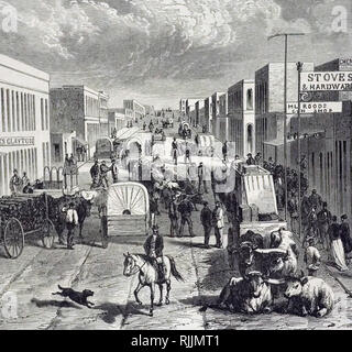 Ein kupferstich mit der Darstellung eines Straßenszene in Denver, Colorado. Vom 19. Jahrhundert Stockfoto