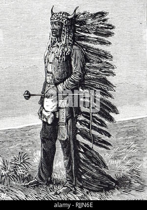 Eine Gravur, Sitting Bull (Tatakan Iyotake), ein Sioux Chief in voller Dress. Vom 19. Jahrhundert Stockfoto