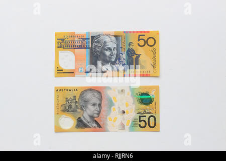 $ 50 australische Alte und neue Bank Note vor weißem Hintergrund Stockfoto