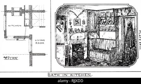 Eine Gravur, eine Küche, die mit einer Badewanne ausgestattet sein wird, in das Haus eines Handwerkers. Vom 19. Jahrhundert Stockfoto