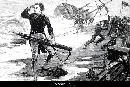 Eine Gravur, John Franklin ruiniert auf einem Korallenriff vor der Küste Australiens. Konteradmiral Sir John Franklin (1786-1847) Die englische Royal Navy Offizier und Entdecker in der Arktis. Vom 19. Jahrhundert Stockfoto