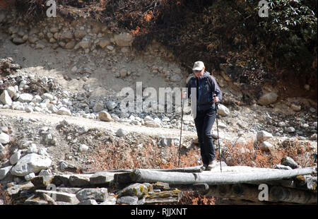 Ein trekker kreuzt eine kleine Brücke über den Tamur River im östlichen Nepal Stockfoto