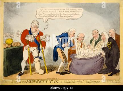 Britische politische Karikatur - George Cruikshank 1816 - "krank von der Grundsteuer oder ministeriellen influnza (sic)"-Politik Stockfoto