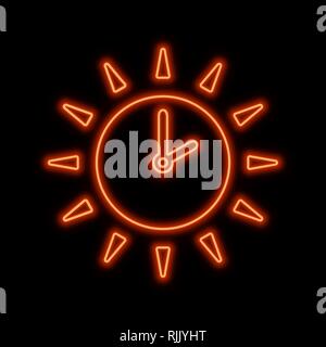 Sun mit Uhr Pfeile Leuchtreklame. Hell leuchtende Symbol auf schwarzem Hintergrund. Neon Symbol Stil. Stock Vektor