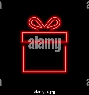 Geschenkbox Leuchtreklame. Hell leuchtende Symbol auf schwarzem Hintergrund. Neon Symbol Stil. Stock Vektor