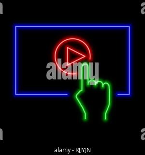 Play Video online Konzept Leuchtreklame. Hell leuchtende Symbol auf schwarzem Hintergrund. Neon Symbol Stil. Stock Vektor