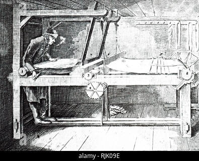 Ein kupferstich mit der Darstellung eines hand Weaver über Webstuhl der Shuttle zu werfen. Shuttle von John kann ca. 1730 erfunden. Vom 19. Jahrhundert datiert aus dem 18. Jahrhundert Stockfoto